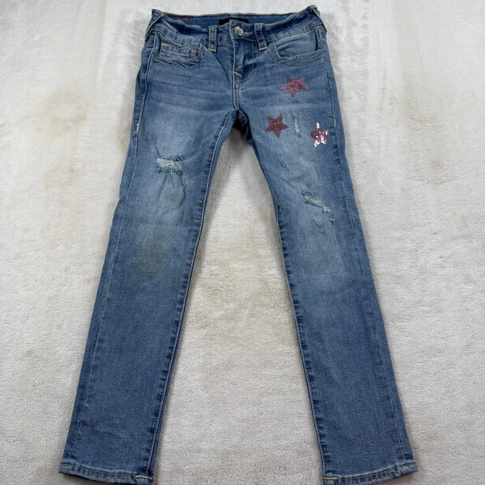 True Religion Halle Girls Super Skinny Jeans Size 7 Sequin Star Distressed Blue